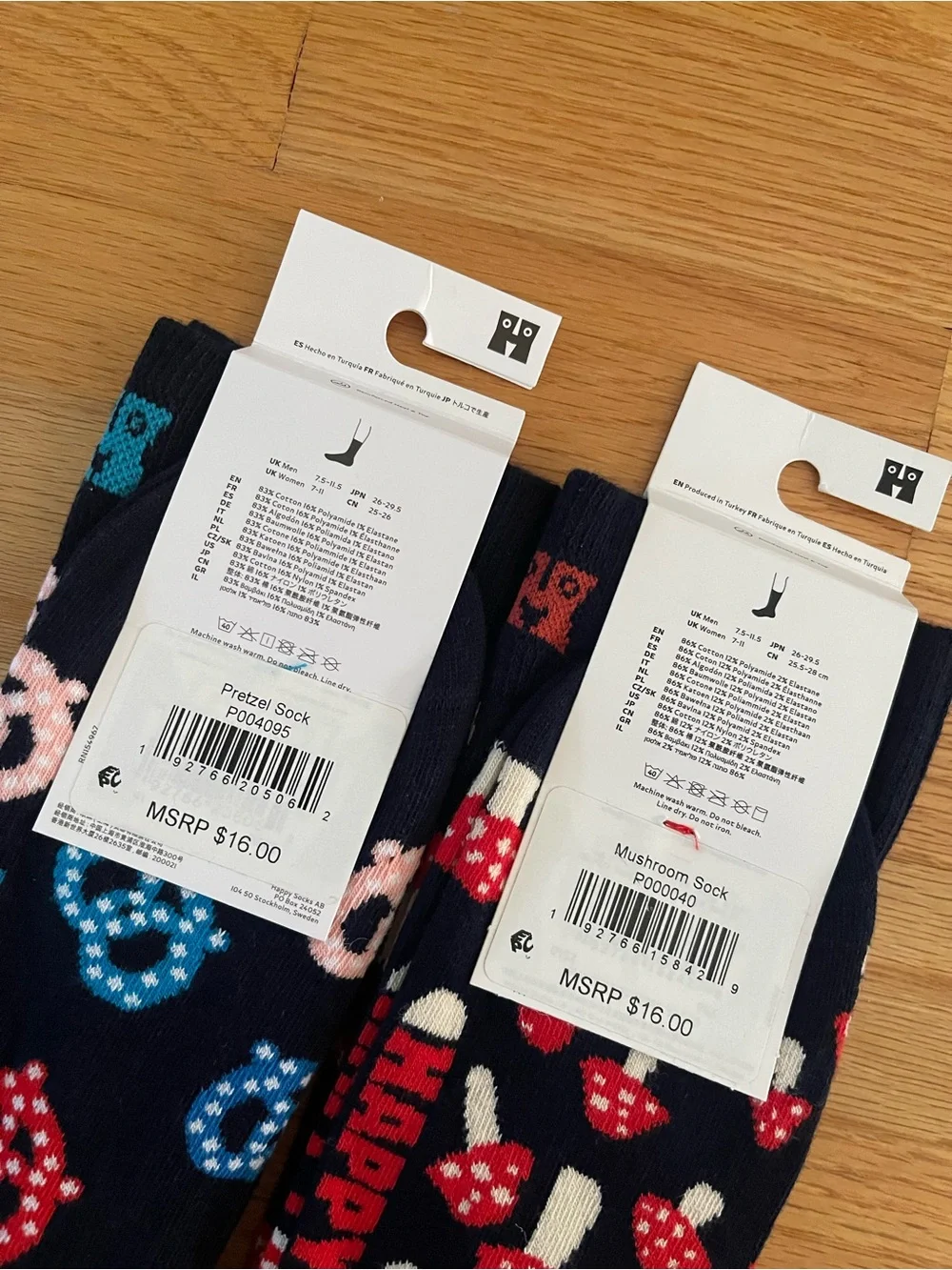 Happy Socks Men’s Navy Novelty Crew Socks - Multicolor Pretzel & Mushroom